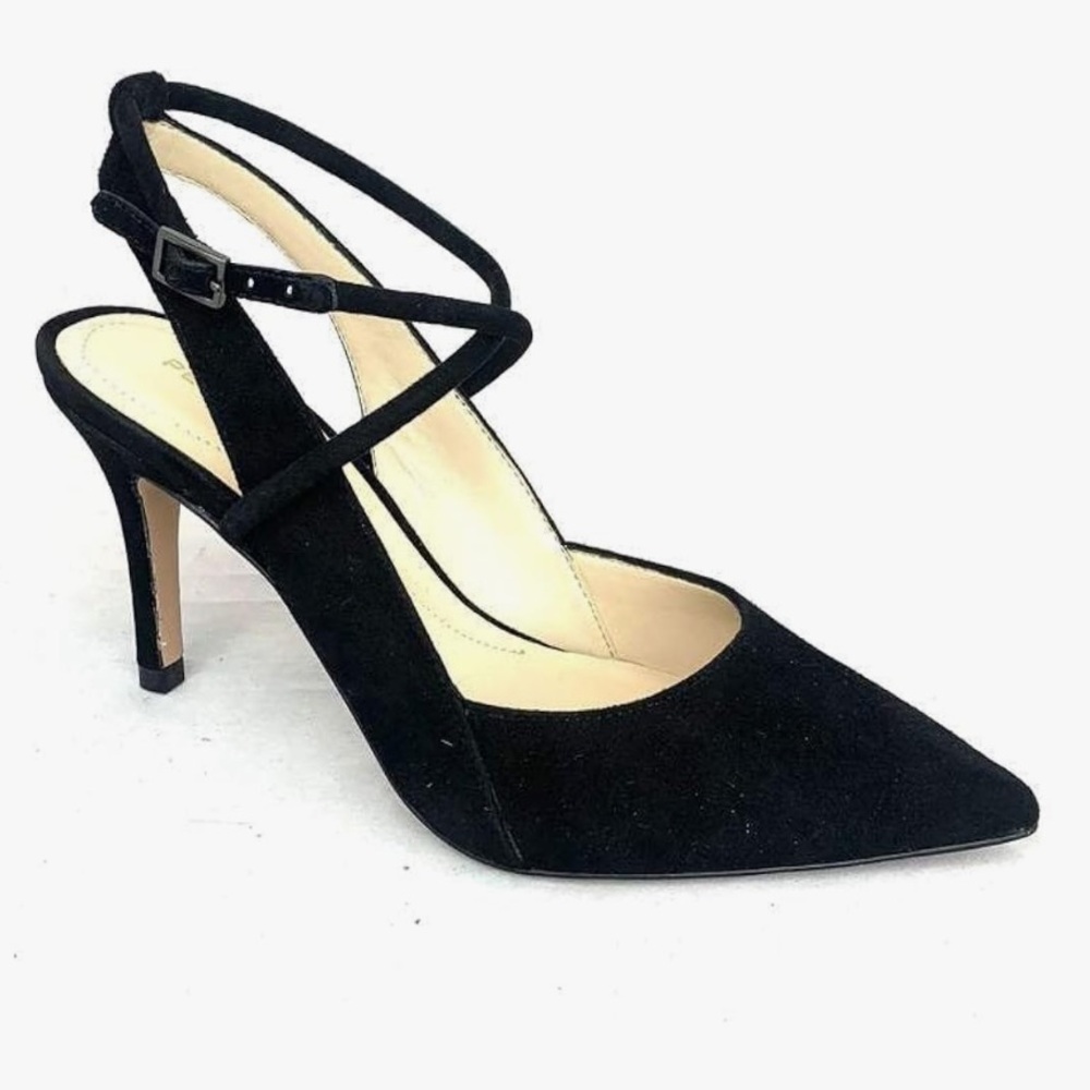 NWT Pelle Moda Strappy ‎ Black Suede Pointed Toe Slingback Heels 9 Stunning